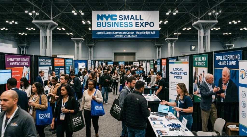 Exhibitor hall at the NYC Small Business Expo with vendors showcasing products for small businesses
