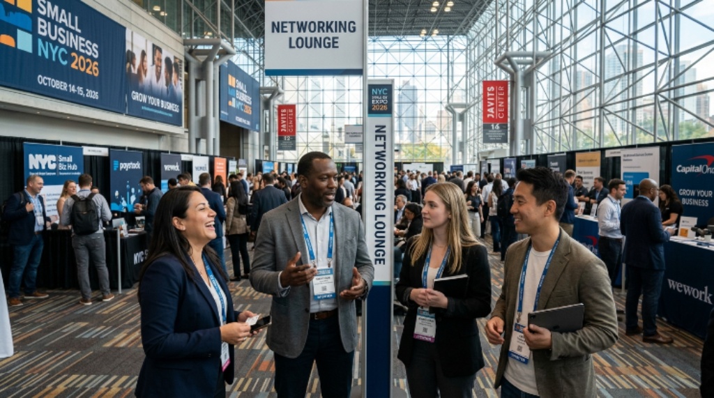 Exhibitor hall at the NYC Small Business Expo with vendors showcasing products for small businesses