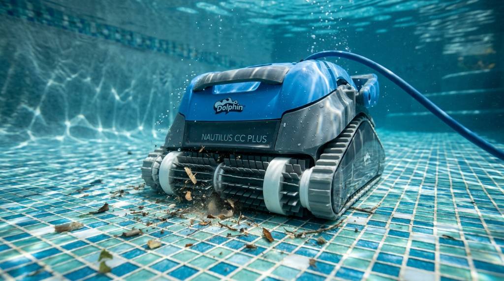 Robotic pool cleaner vacuuming organic debris off a pool floor.