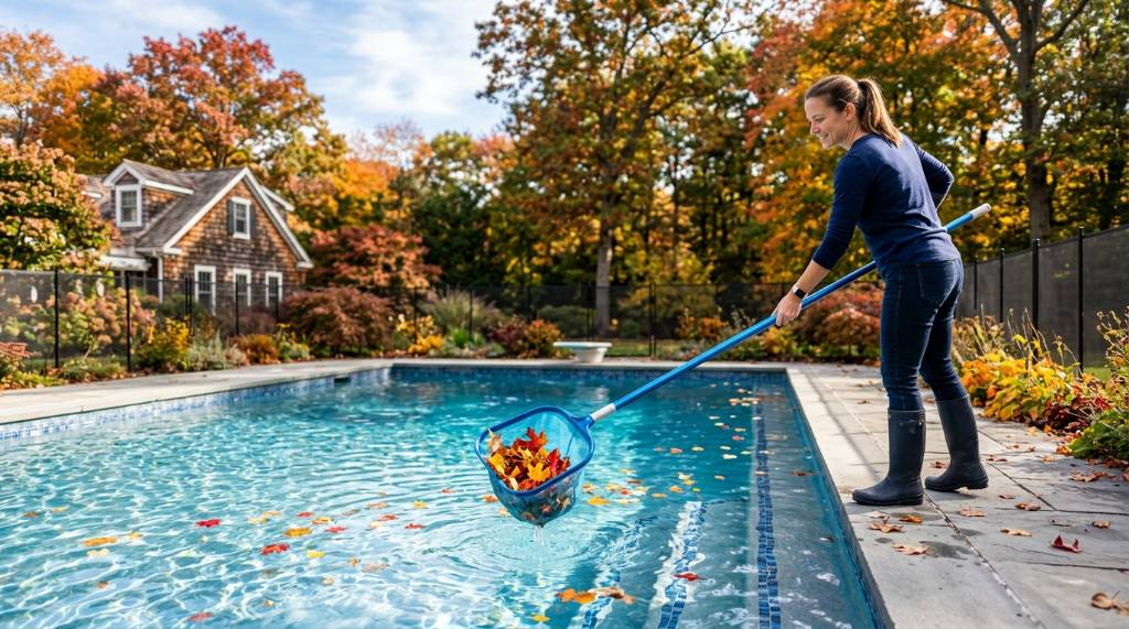 Person using a net to scoop autumn leaves from a New York pool